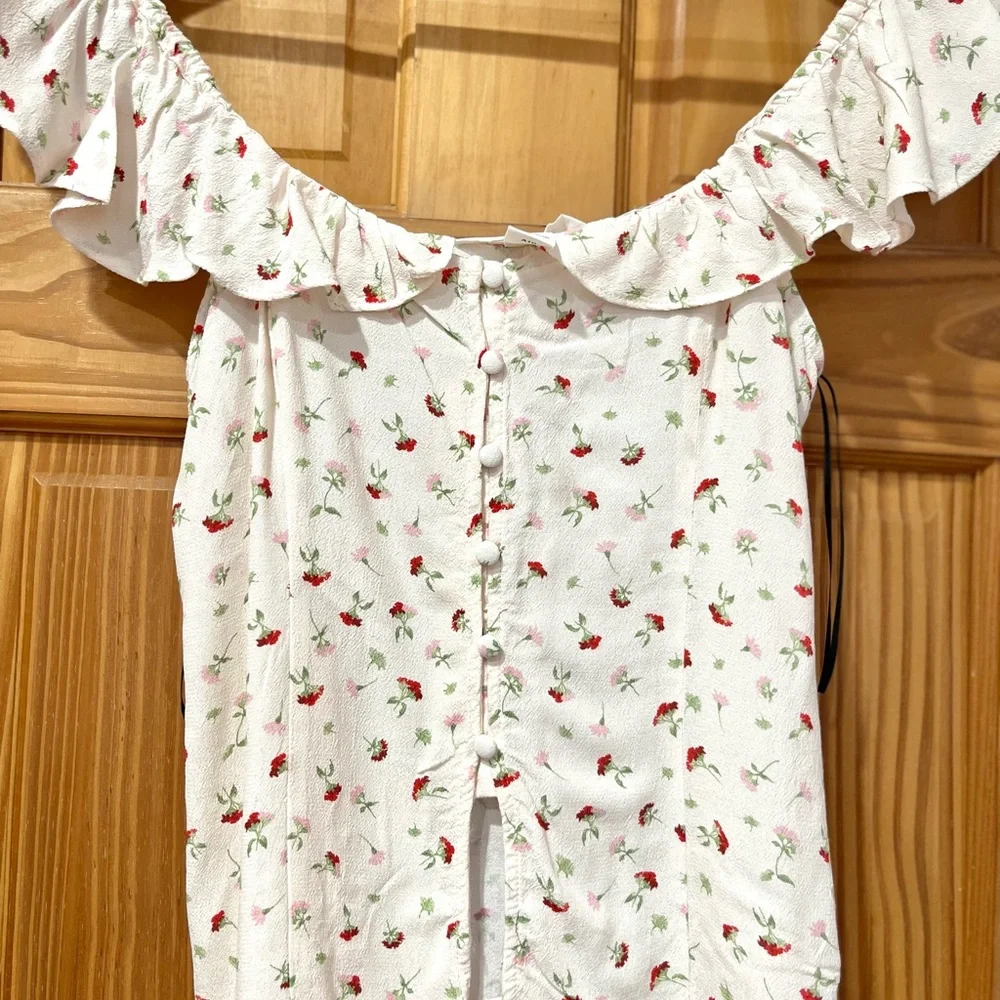 H&M White Blouse with Red‎ and Green Floral Design